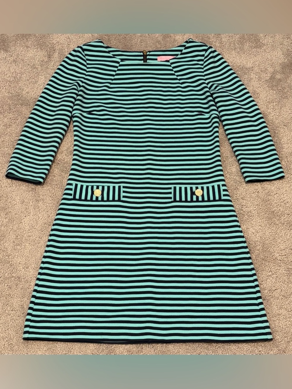 Lilly Pulitzer Charlene Shift Dress Ottoman Stripe 3/4 Sleeve Blue Green Size XS